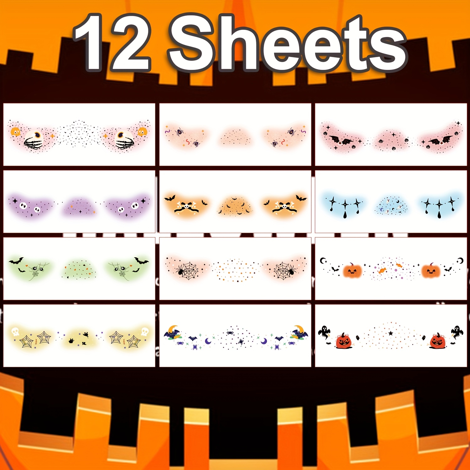 Image of 12pcs Halloween Makeup Face Tattoo Stickers - Fun And Scary Temporary Tattoos With Bat Pumpkin And Eyeball Designs For Parties, Holiday Events And Themed Celebrations, Party Temporary Face Painting!