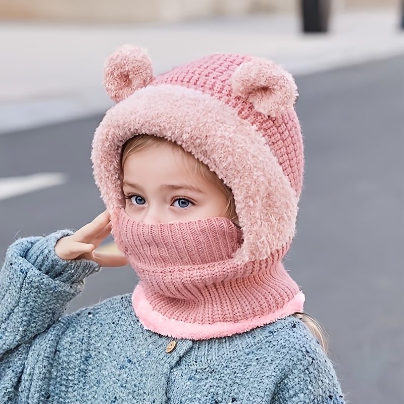 Image of 1 Winter Thickened Warm 's Hat For Boys And Girls, Cute Cartoon Bear Ear Integrated Hat, Suitable For Outdoor Play, , Travel, And Cycling, Warm Hat For Ages 3-8