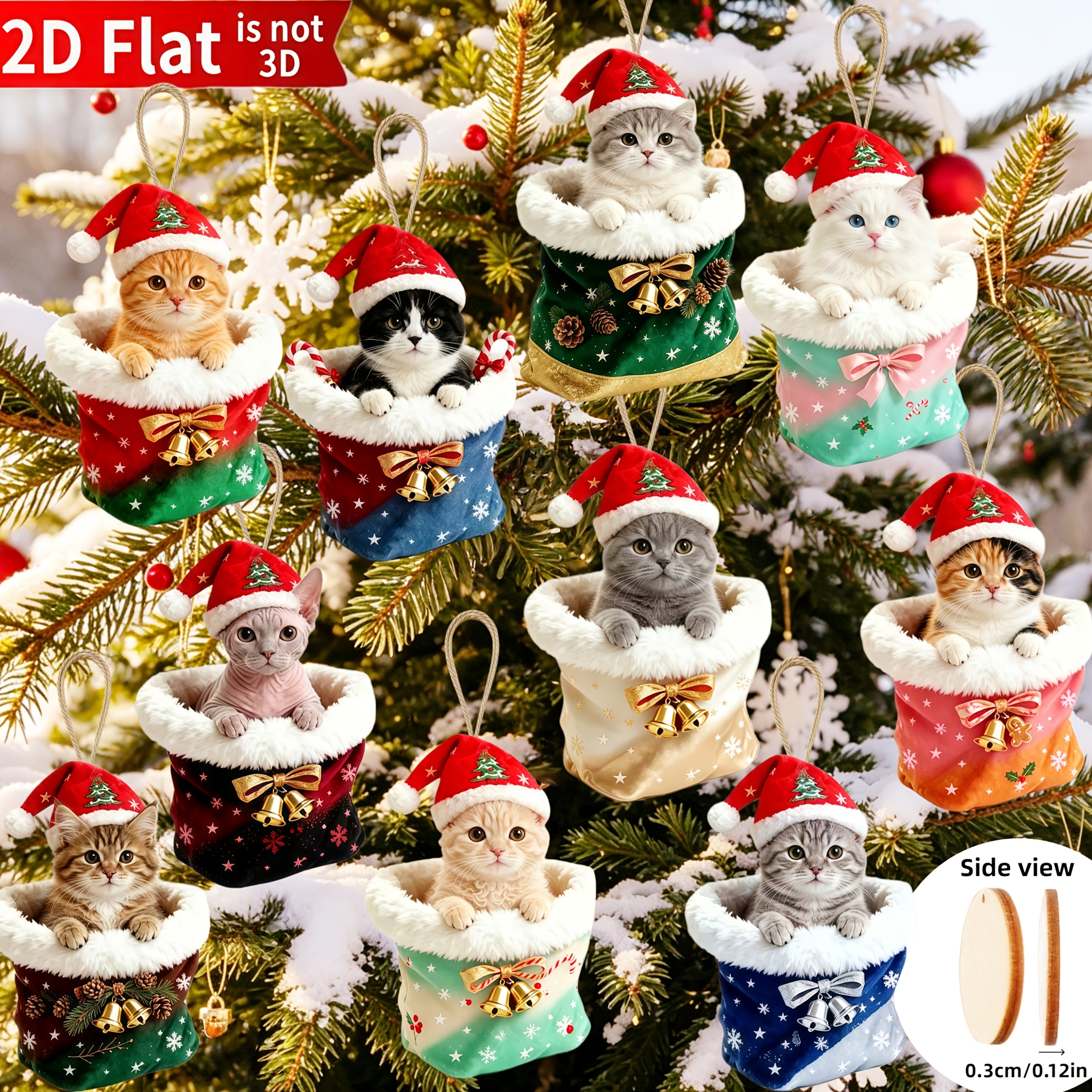 TEMU 2d Flat, 10pcs Cute Christmas Gift Box Cat Pattern Decorative Ornaments, Christmas Pendant Wooden Flat Christmas Gift, Christmas Tree Decoration