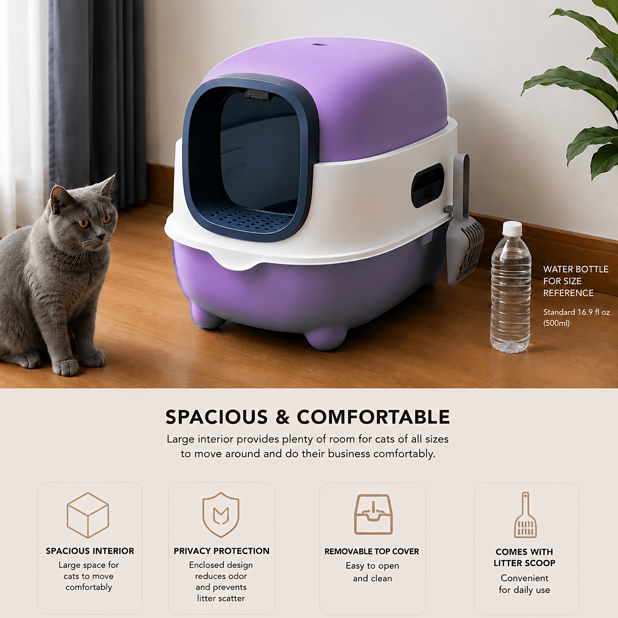 TEMU Bac à litière compact fermé avec couvercle anti-éclaboussures. Cette toilette pour animaux est anti-odeur, et ne nécessite pas de piles.
