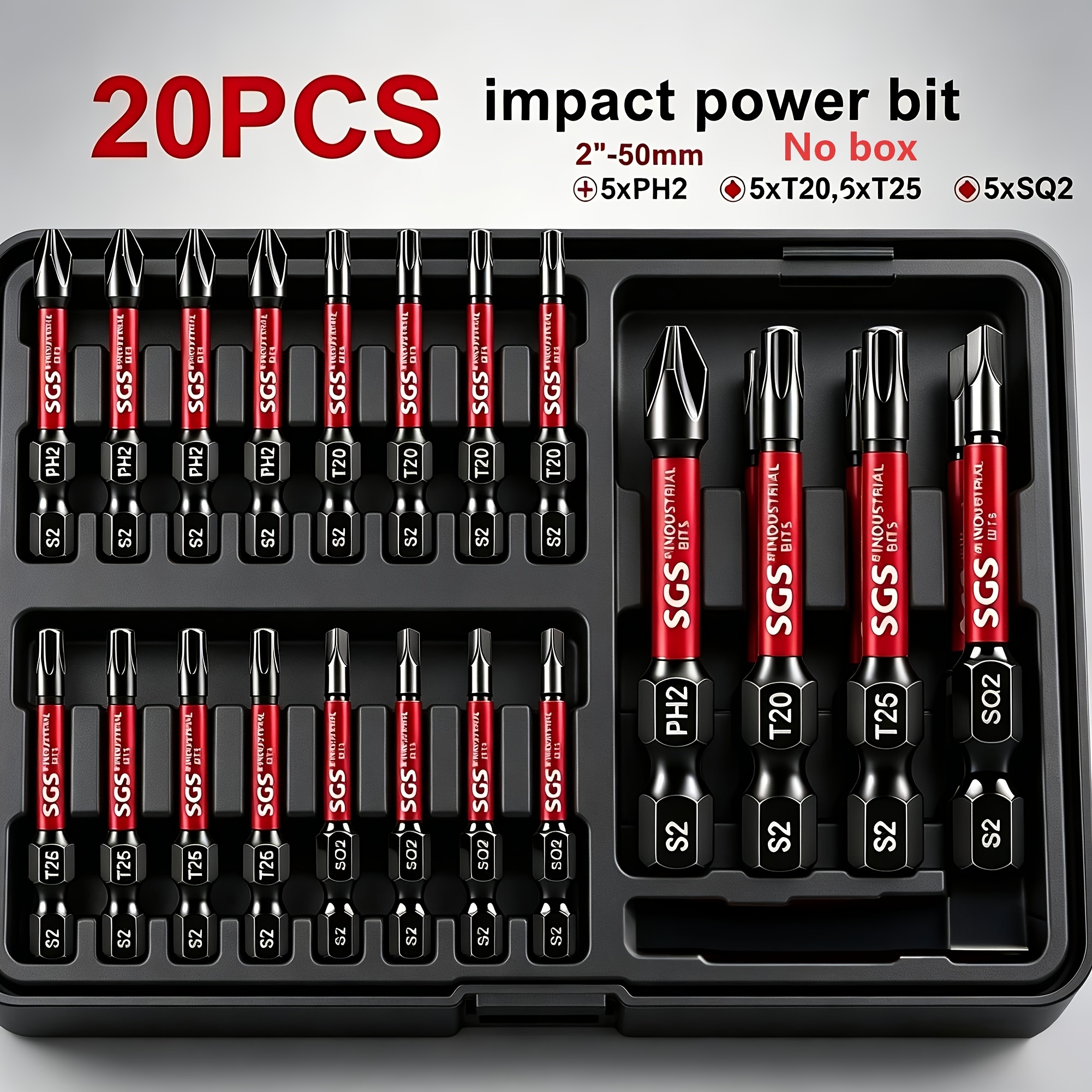 TEMU Ensemble de 20 mèches en acier S2 à haute , tige , mèches Phillips/Hexagonales/Carrées, spécifications complètes, magnétique antidérapante