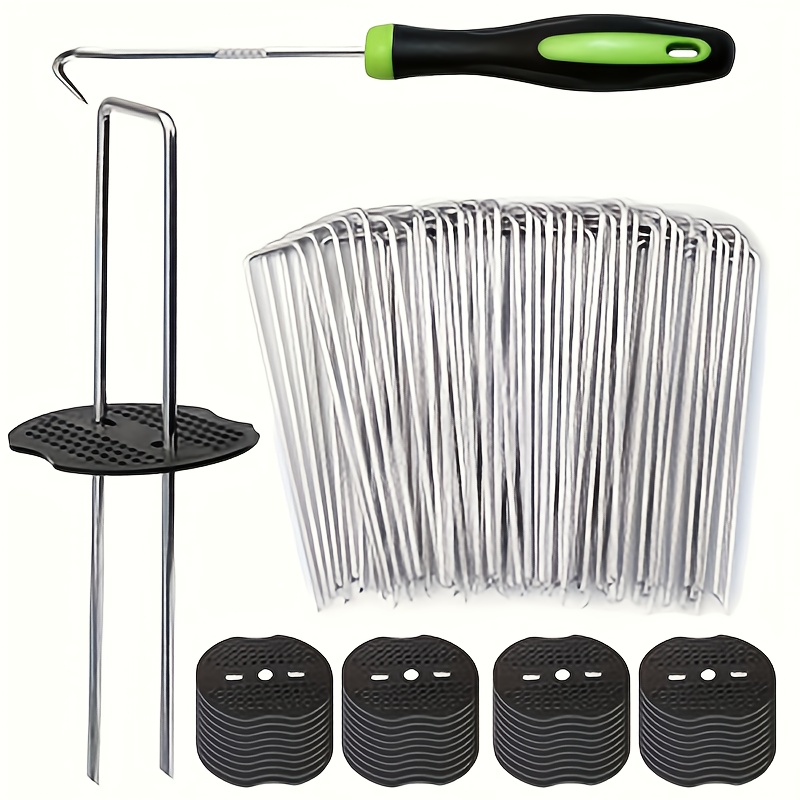 E-shop Set mit 101 Gartenpfählen und Unterlegscheiben - Rasen Landschafts Nieten/U-förmige verzinkte Erdpfähle/Strapazierfähige Gartenpfähle, geeignet