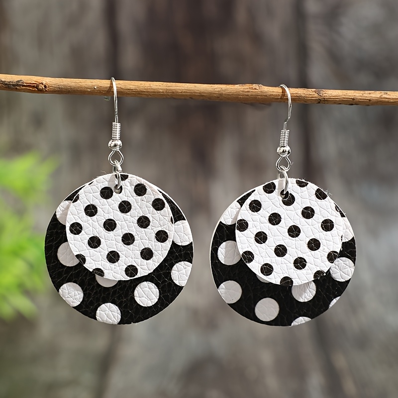TEMU A Pair Of Stylish And Minimalist Round Double-layer Black And White Spotted Lychee Pattern Pu Earrings
