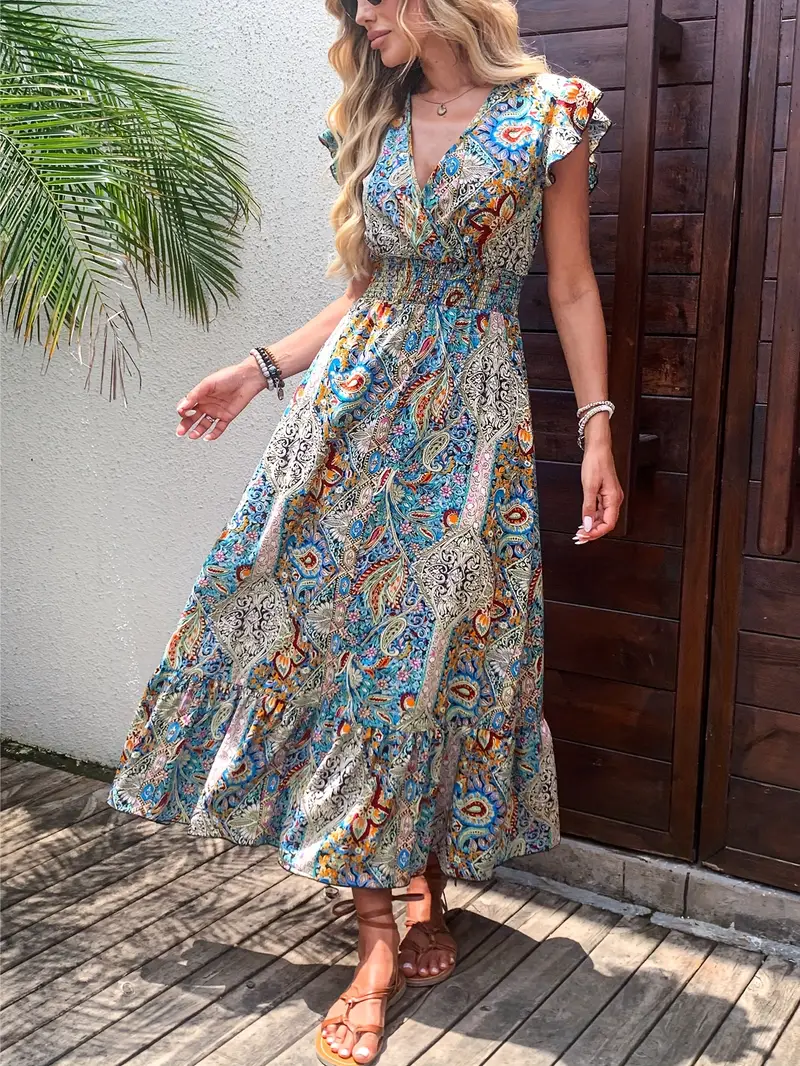 Women'S Full-Print Puff Sleeve * Dress, Long Hem Maxi Dress, Suitable for Spring Summer Women'S Full-Print Puff Sleeve * Dress, Long Hem Maxi Dress, Suitable for Spring Summer