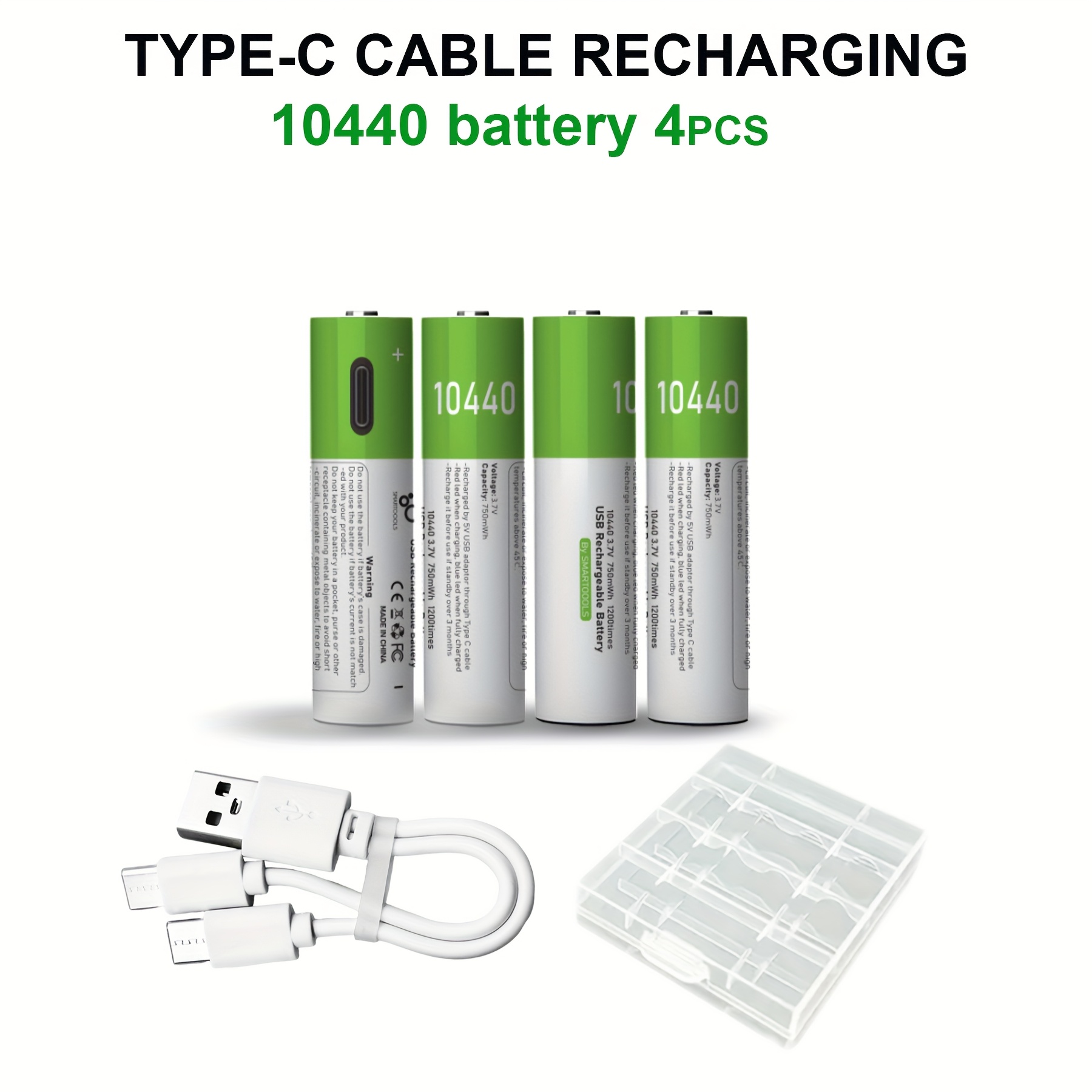 TEMU 4pcs Smartoools 10440 Lithium Batteries With Usb-c Charging Cable - 3.7v 750mwh 203mah High Capacity, 1.5h Fast Charge, 1200+ Charge Cycles,