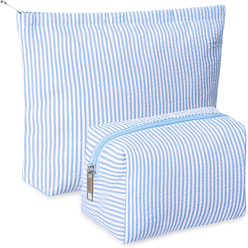 TEMU 2pcs/latest Style Combination Set Striped Travel Toiletry Bag - Zippered Makeup Pouch, Portable Polyester Cosmetic Organizer, Suitable For