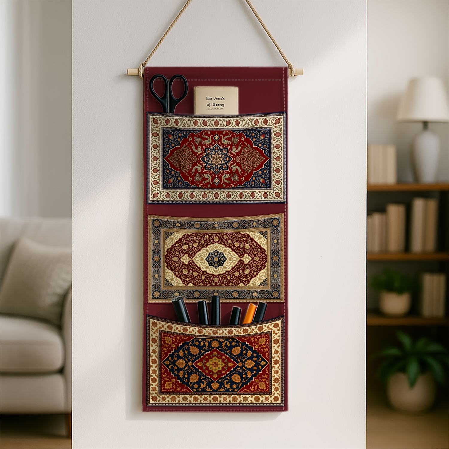TEMU 1pc Classic Turkish Rug Wall-mounted Storage Bag, Red Golden Ornate Motif Decorative, Fabric Hanging Storage Unit For Living Room, Bedroom, And
