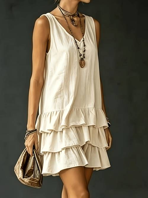 extended style womens v neck loose fit solid color sleeveless tank dress three layer
