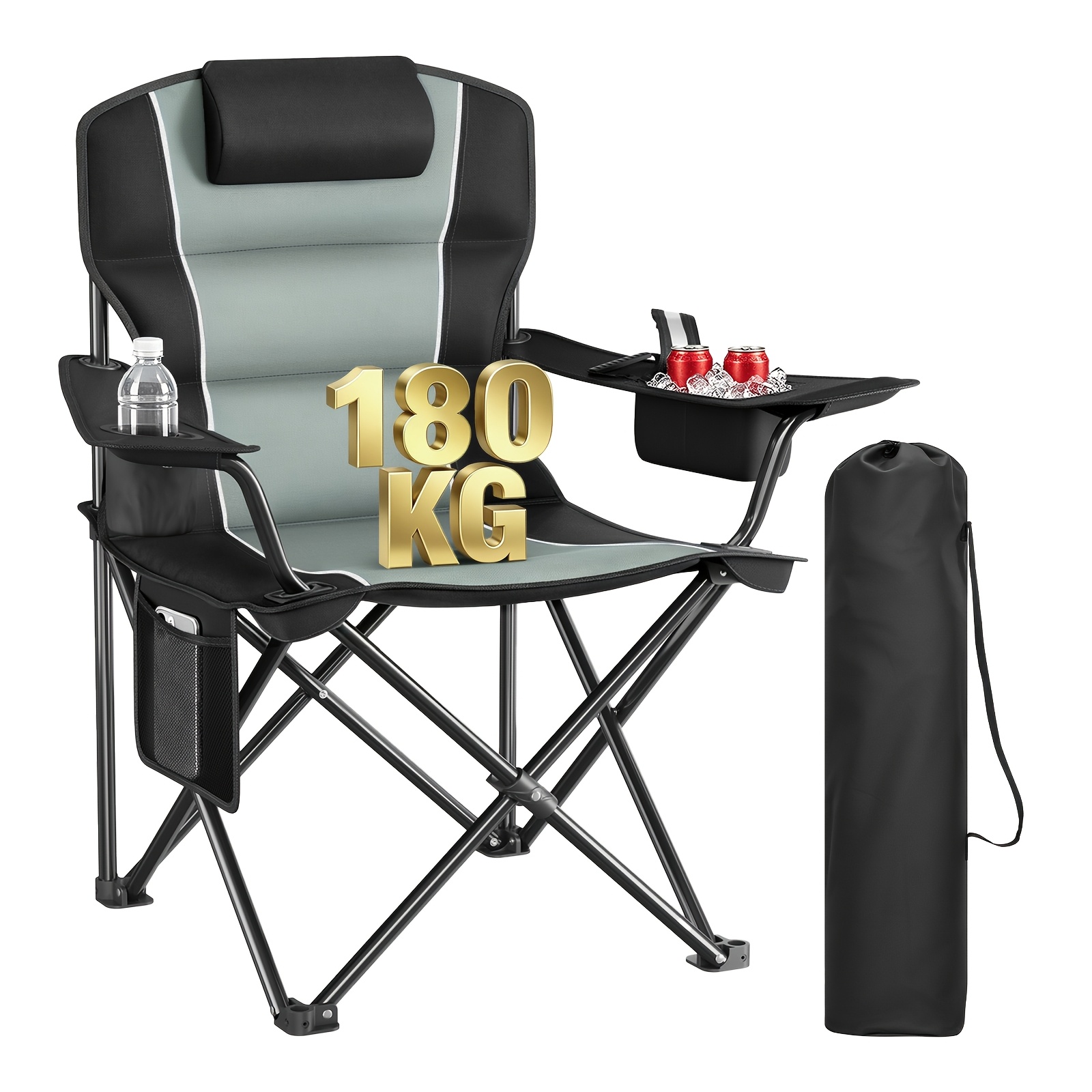 TEMU Luxurious Folding Camping Chair With An Elevated, Thickened And Widened Seat, Equipped With Ice Bag Holder, Cup Holder And Grid Storage Bag,