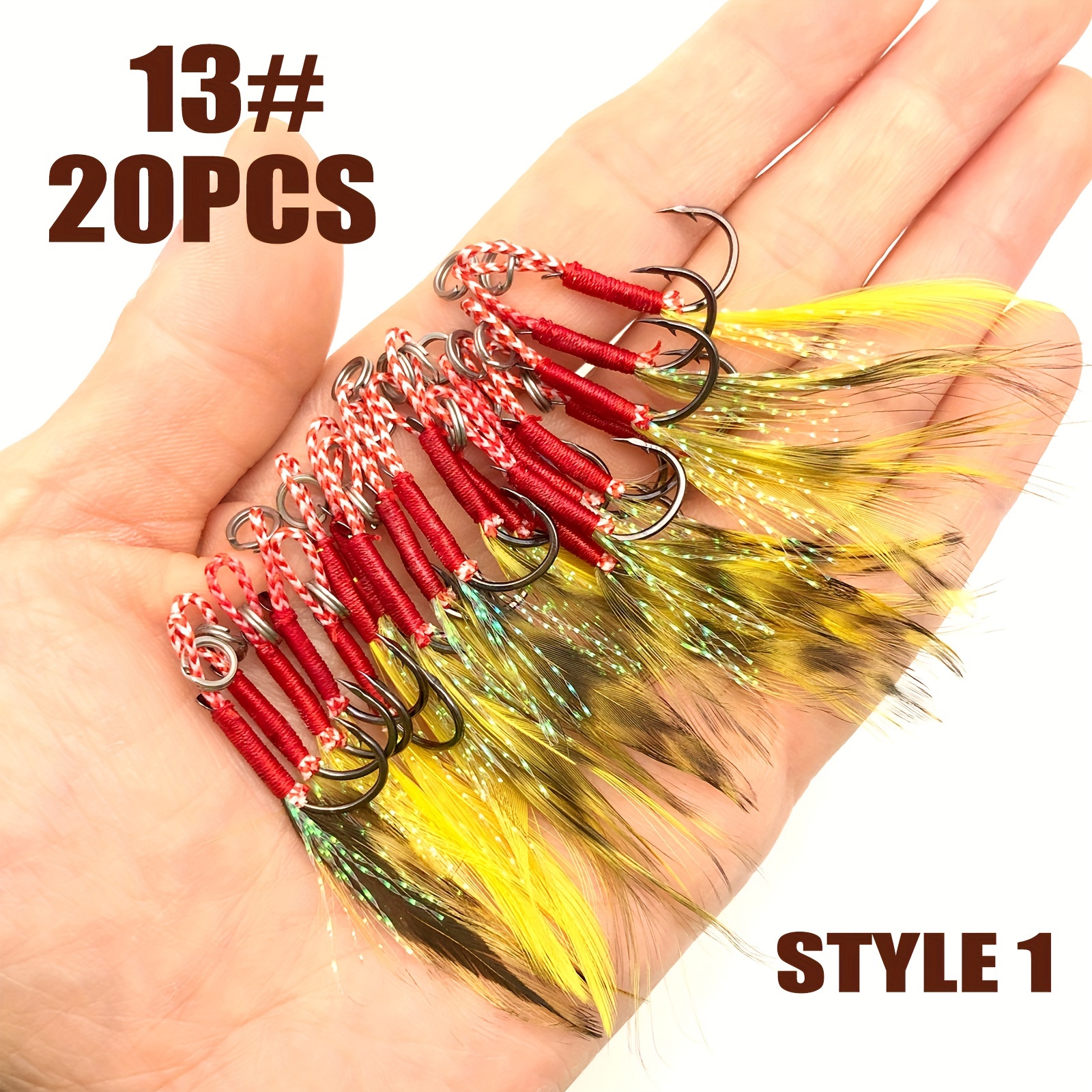 

20pcs Fishing Assist Jig Hooks, Barbed Hook With Feather Thread For Slow Jigging