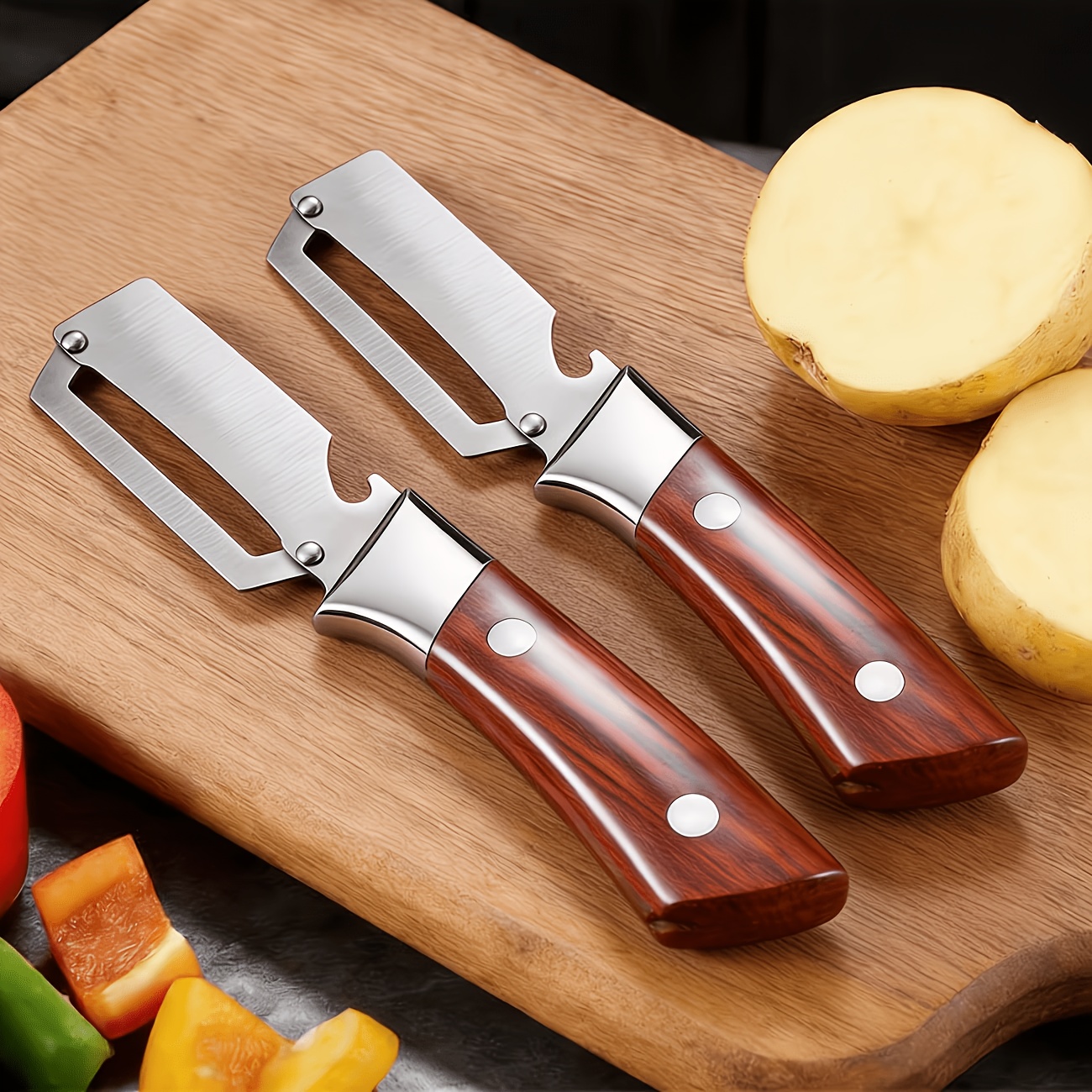 2pcs stainless steel multifunctional vegetable peeler and bottle opener labor saving and convenient kitchen tool suitable for right handed use suitable for   vegetables and fruits gifts suitable for multiple holidays