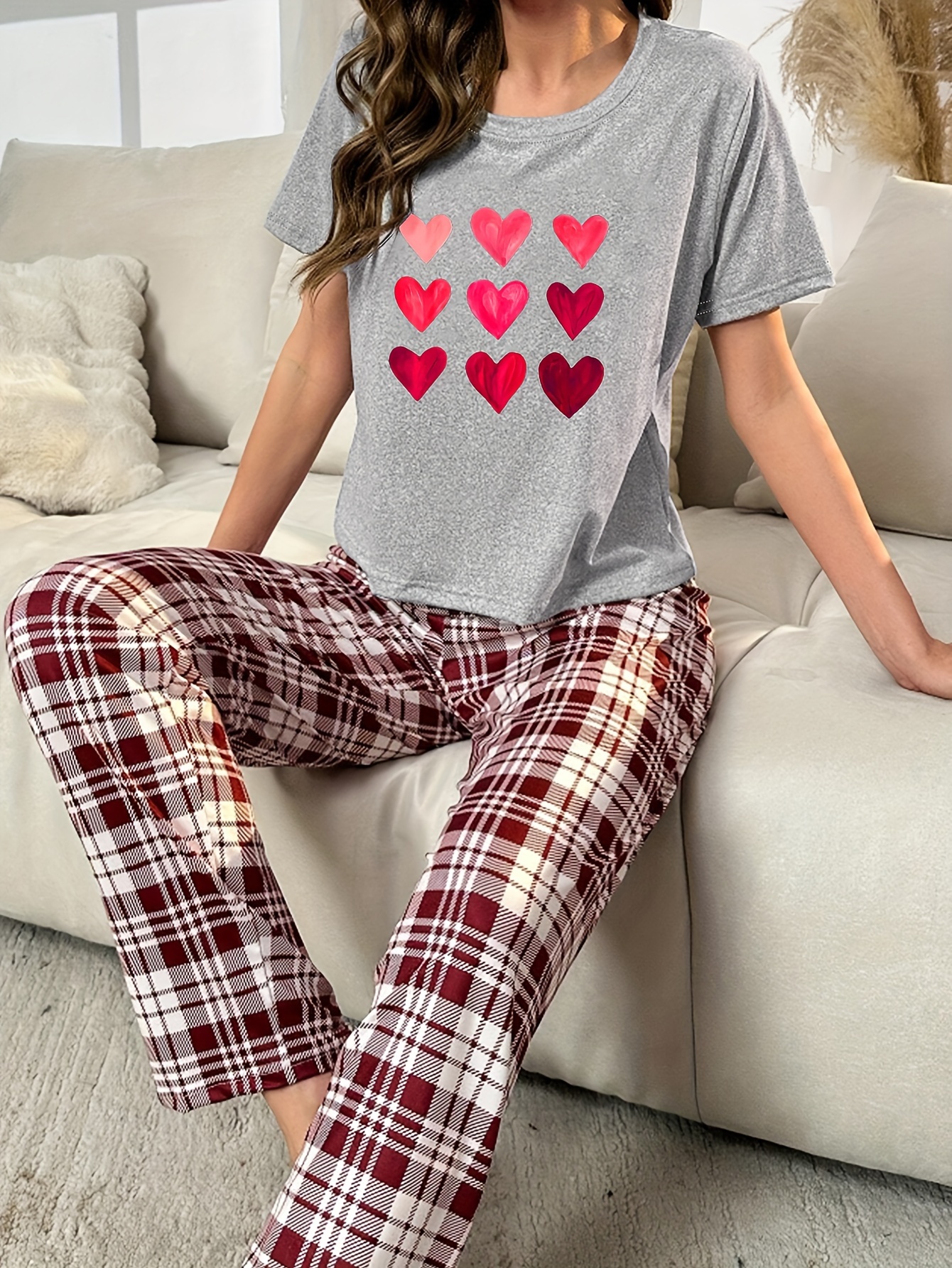 Letter Plaid Heart Print Pajama Set Comfort Sleeveless Tank - Temu