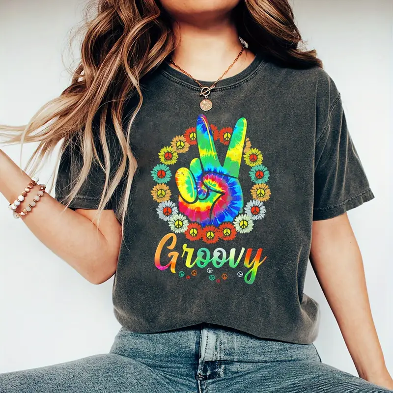 Tie Dye Flowered Peace Sign Graphic Hippie T-Shirt Tie Dye Flowered Peace Sign Graphic Hippie T-Shirt