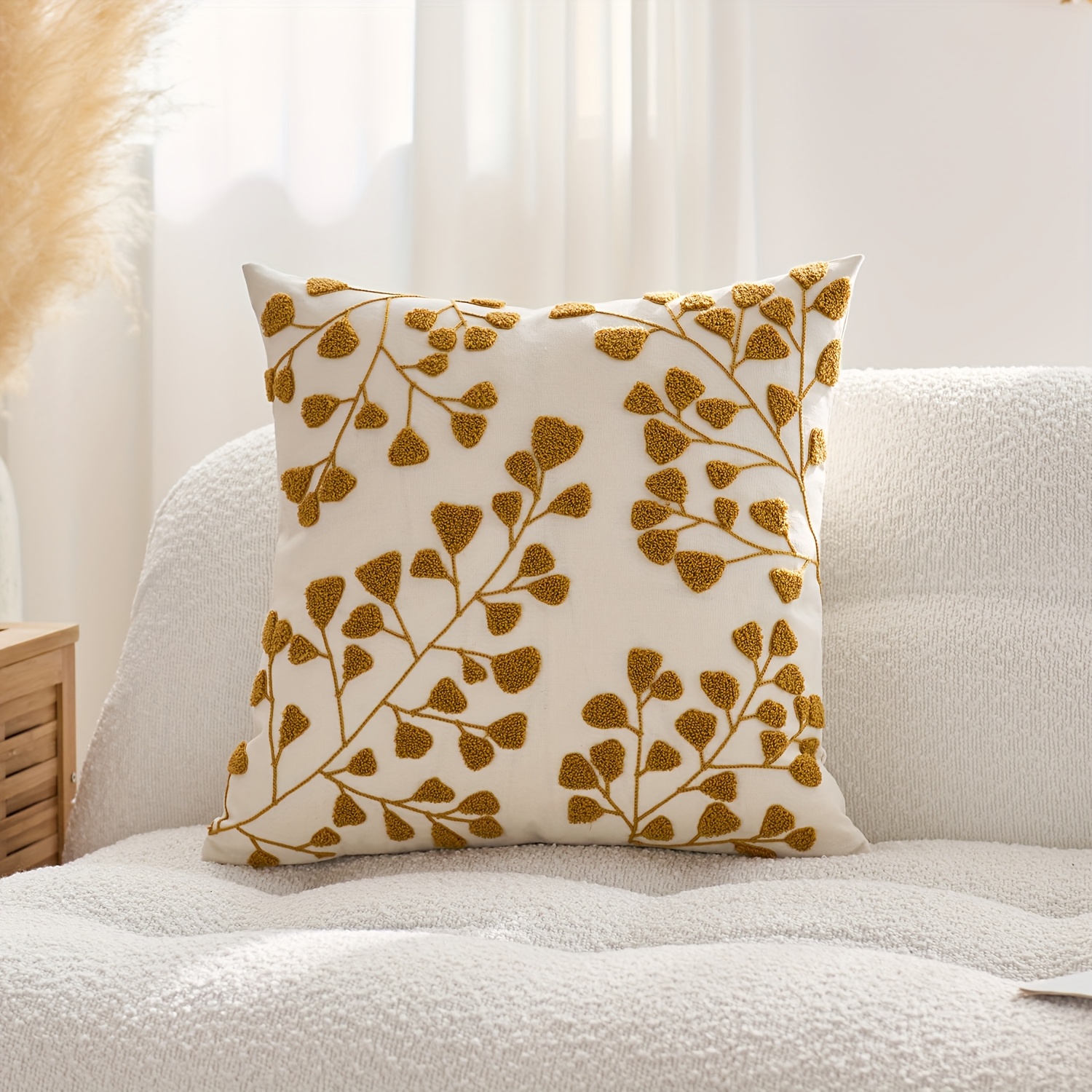 Image of 1pc Of A Linen Pillowcase Featuring A Leaf Design, Embroidered On , Perfect For Decorating Your Sofa, Living Room, Or Bedroom. Pillow Insert Not Included