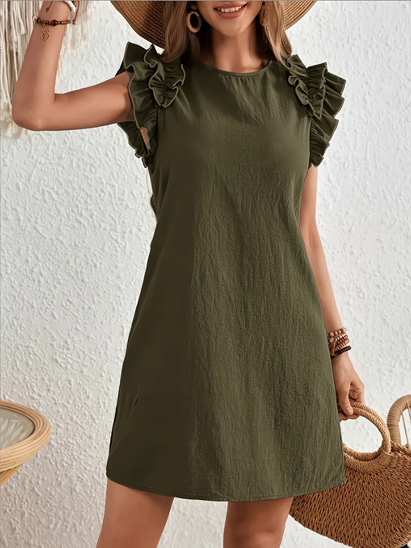 tropical womens pleated dress ruffle trim round neck - Temu Bahrain