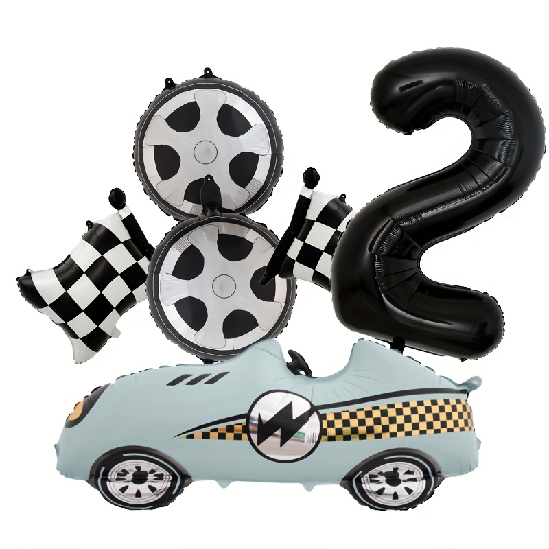 Image of 6pcs Racing Car Number Flag Tire Film Balloons, Suitable For Birthday Racing Party Racing Theme Party, For Halloween, Christmas