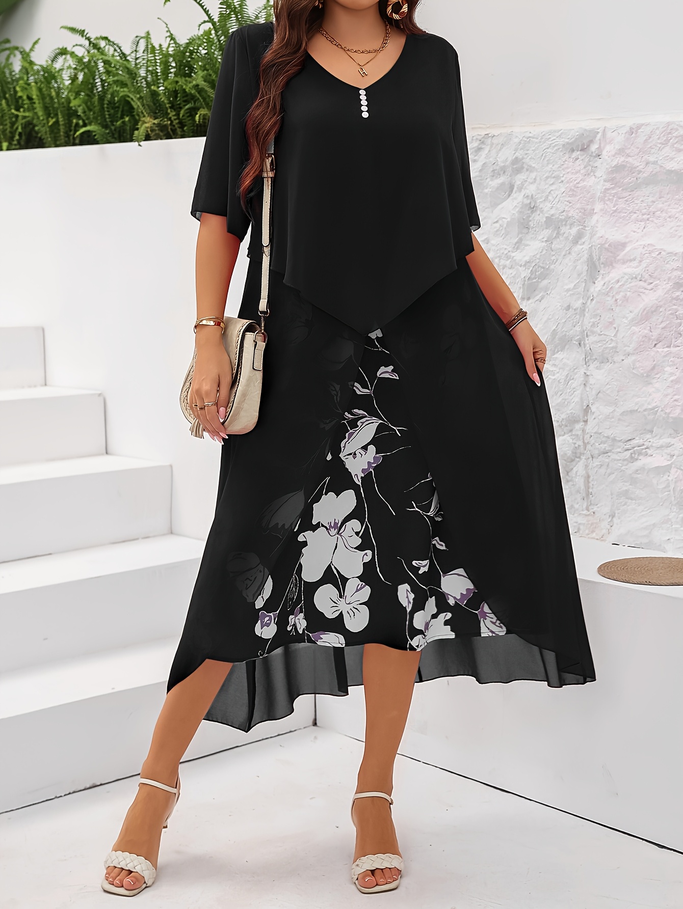 Plus Size, New Minimalist Fashion Chiffon * 2-in-1 Look Asymmetrical Dress