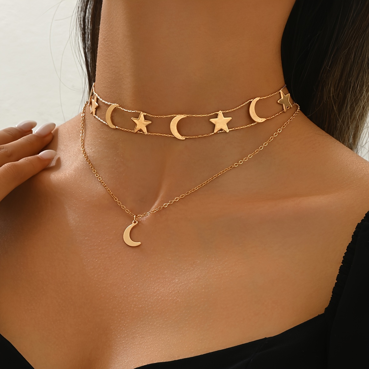 E-shop Stern- Mond-Halskette, Vintage nahöstlicher Ramadan-Choker mit doppellagigem minimalistischem Stern- Mond-Anhänger, Feiertagsgeschenk-Schmuck
