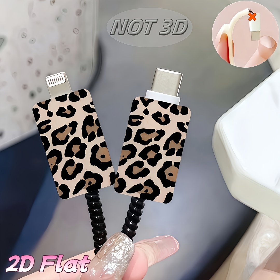 TEMU 2d Flat 2pcs Leopard Print Pattern Cable Protector, Anti-break, Type-c Phone Cable Protector, Stylish And Durable, 2d Flat