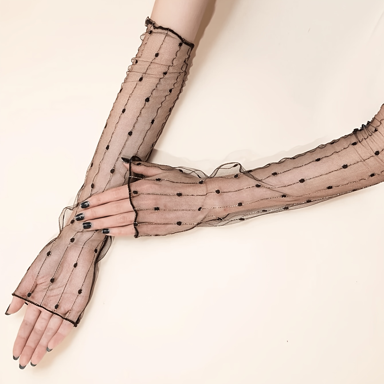 Women's Long Gloves with Polka Dot Patterns and Lace Sleeves