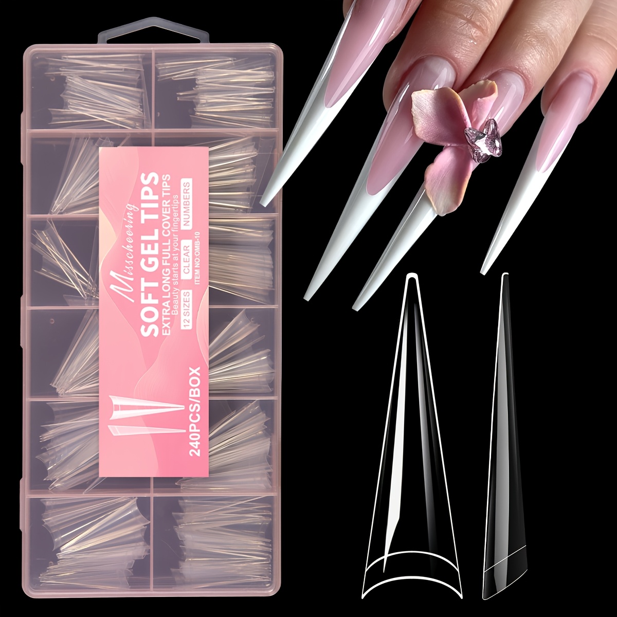 TEMU 240pcs/set Extra Long Stiletto Press-on Nails Glossy French Half Cover Tips For Women Salon Nail Art Supplies