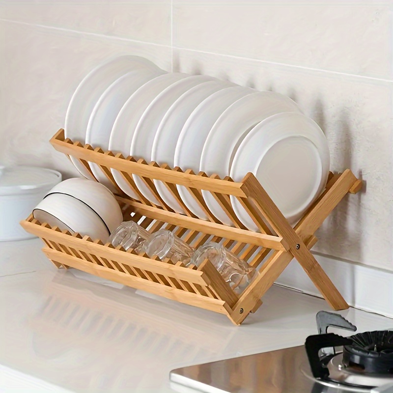 

Bamboo Dish Drying Rack - 1pc Double-layer Foldable Tableware Storage Organizer With 16 Slots For Efficient Kitchen Organization And Drainage