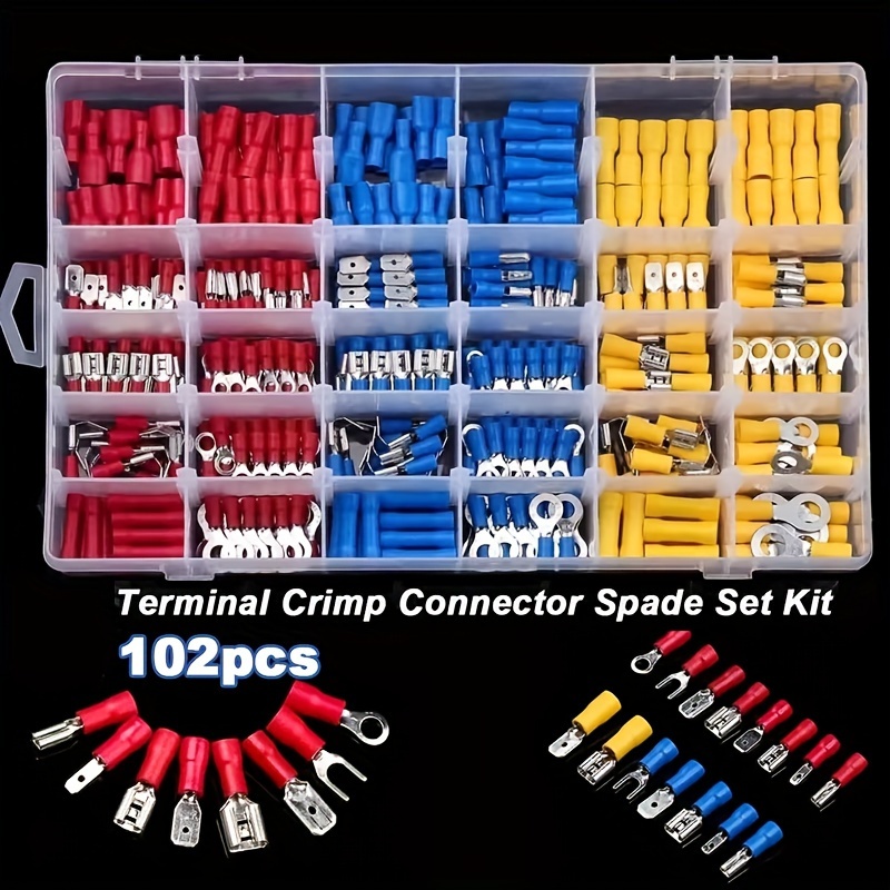 

102pcs Insulated Crimp Wire Terminal Kit - Assorted Spade Connectors For Electrical Work, Brass Contacts