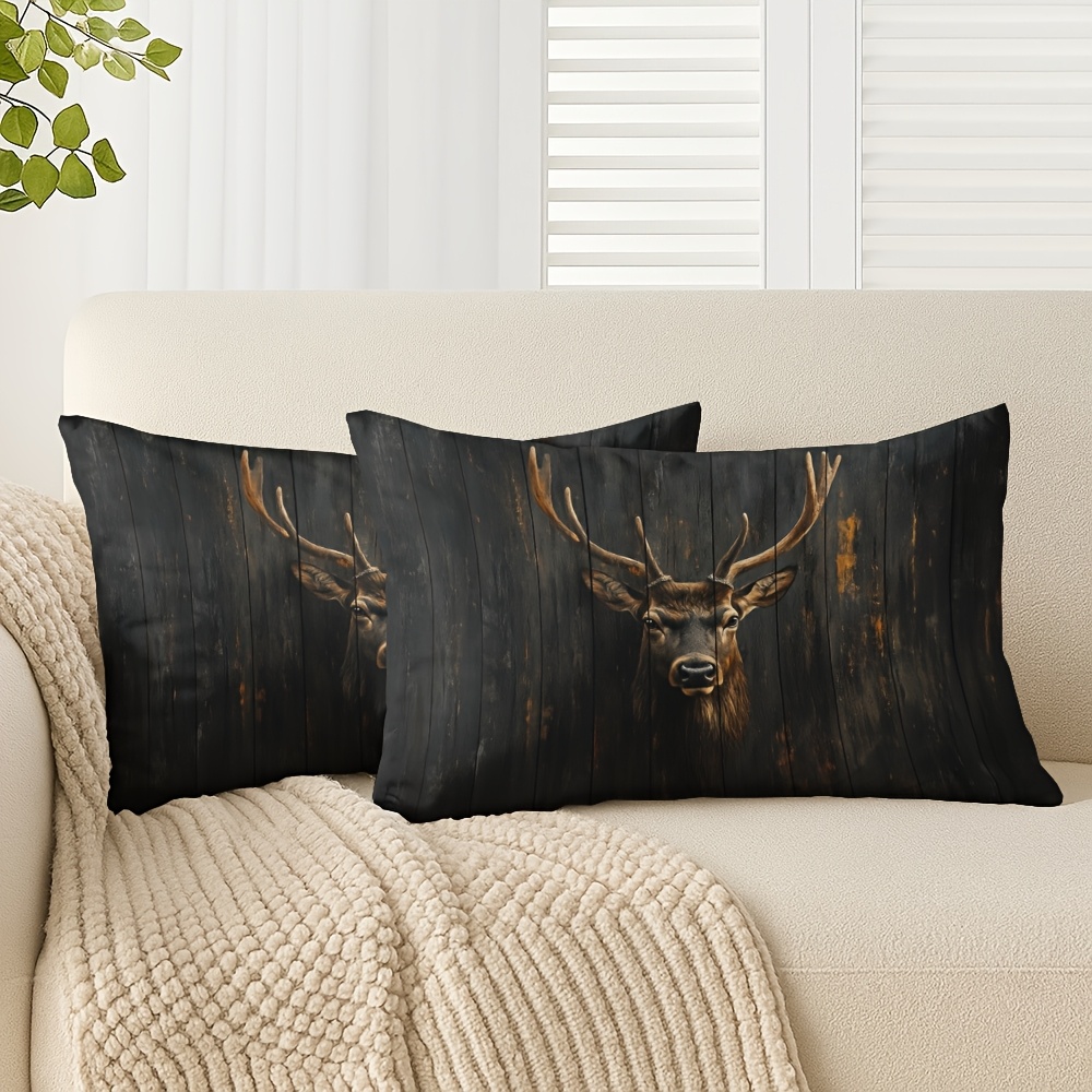 TEMU 2pcs Dark Deer Head Pattern Pillow Covers With , Size 12x20 Inches/30x50 Cm. Soft Short Plush Flip Pillow Suitable For Living Room, Sofa, Bed