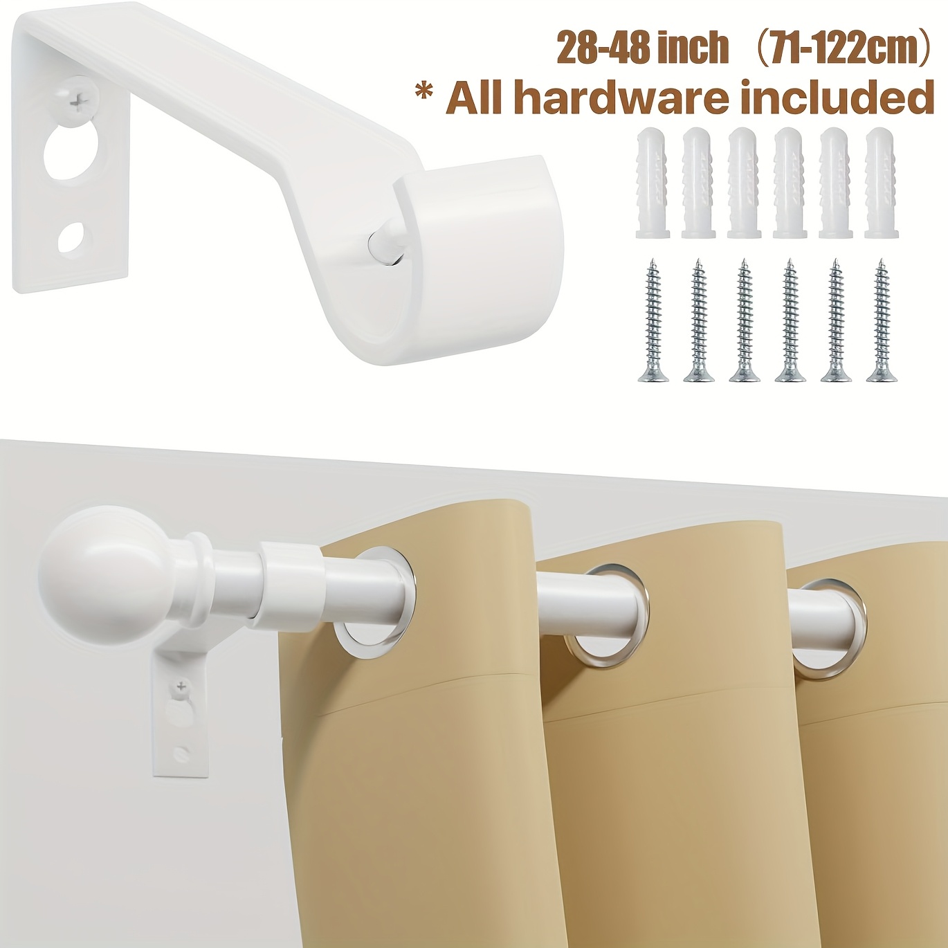 TEMU White Curtain Rods For Windows 28 To 48 Inch, Heavy Duty Curtain Rod Set With Brackets, Decorative Adjustable Curtain Rods For Bedroom, Living