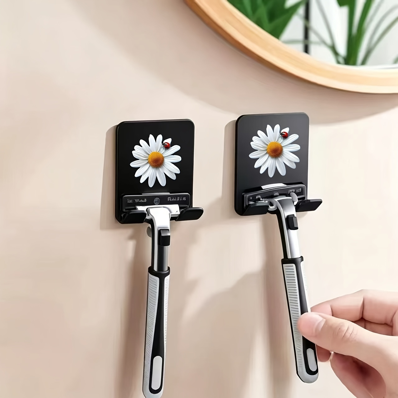 TEMU 2pcs Daisy Pattern Minimalist Wall-mounted Razor Holder - Stylish Bathroom Shaver Storage Rack, Durable Plastic, Suitable For Home Bathroom