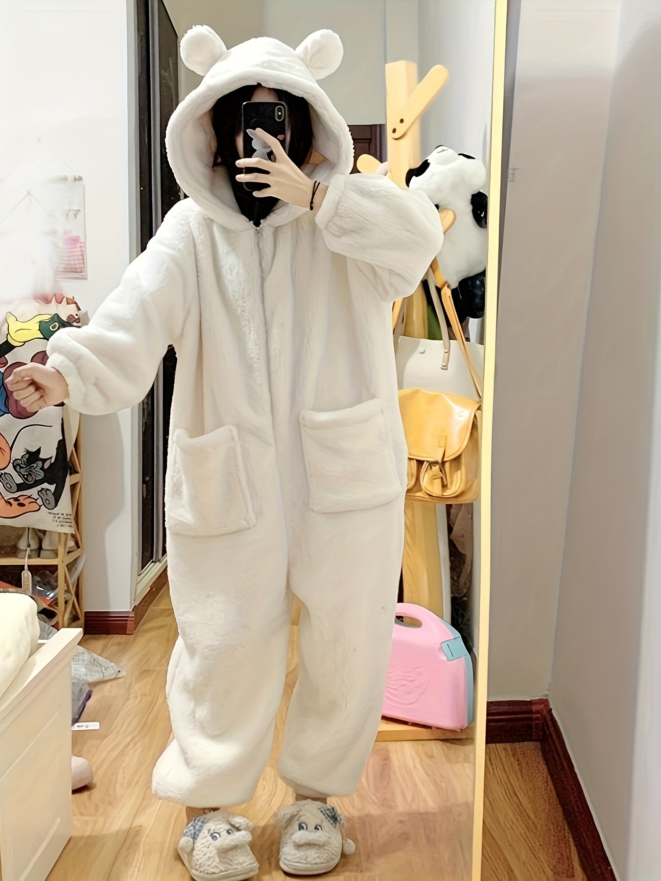 Cute Solid Fuzzy Hooded Jumpsuit Thickened Long Sleeve Zip Up Pajamas With Pockets Women s Sleepwear Loungewear