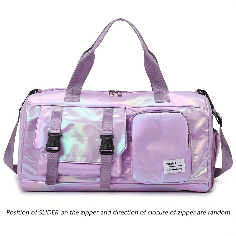 TEMU Large Capacity Women's Nylon Travel Duffel Bag - Pink Iridescent Weekender Gym Tote With Shoe Compartment, Shoulder Strap & Multiple Pockets - Versatile Sports & Fitness Carry-on