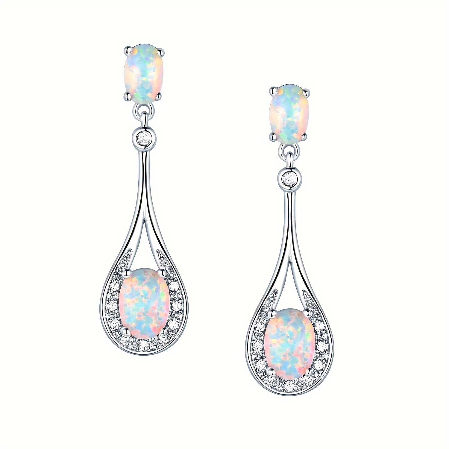 

5/7mm White Fire Opal Drop Earrings For Women 18k White Gold Plated Hypoallergenic Jewelry Gift