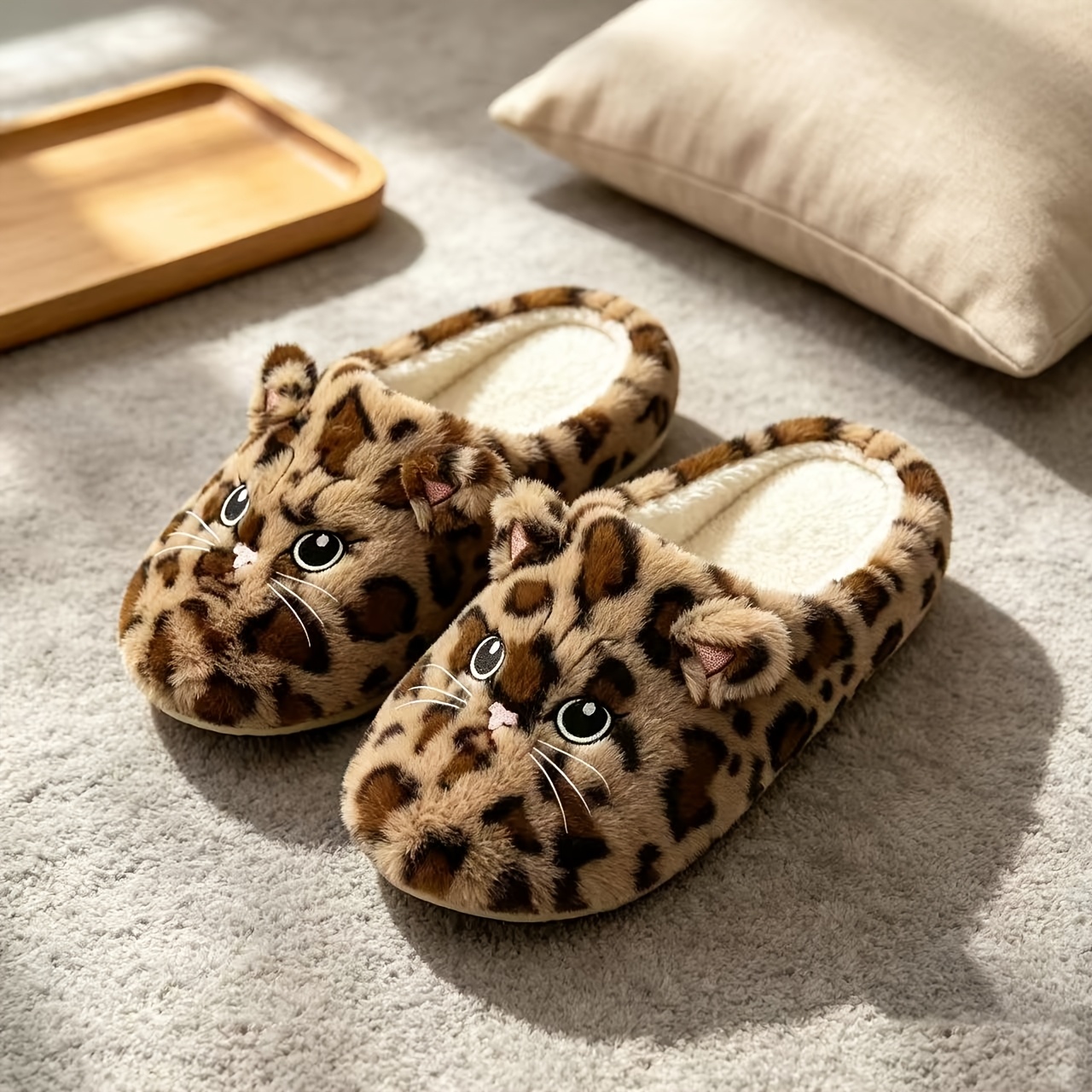 TEMU chaussons chat à imprimé léopard , chaussons d'intérieur confortables et silencieux, chaussons portables pour hôtels et , chaussures pour femme,