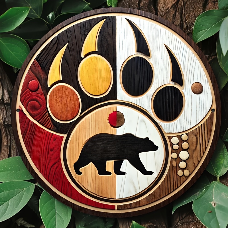 

1pc Unfinished Wood Bear Medicine Wheel Sign, 7.8" Round Wooden Plaque, , Ideal Gift For Home/office/mall Decor, With Indoor/outdoor Use For Living Room, Bar, Cafe