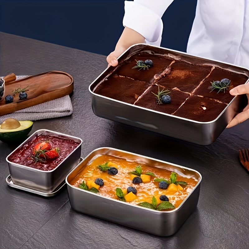 

1pc Stainless Steel Rectangular Baking Pan, Deep Baking Tray For Tiramisu, Multi-purpose Plate, Fruit Plate, Kitchen Baking Supplies, For Restaurants Bakeries Eid Al-adha Mubarak