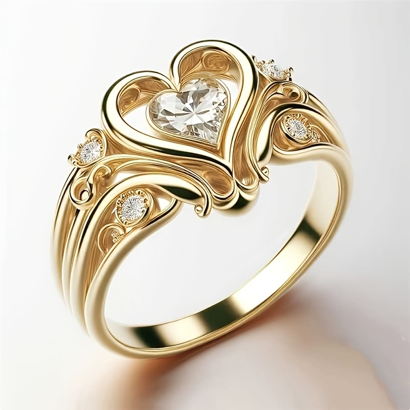 Image of Elegant Heart-shaped Copper Ring With Cubic Synthetic Zirconia Inlay - Symbol Of , Perfect Gift For Birthdays, Christmas, And Anniversaries