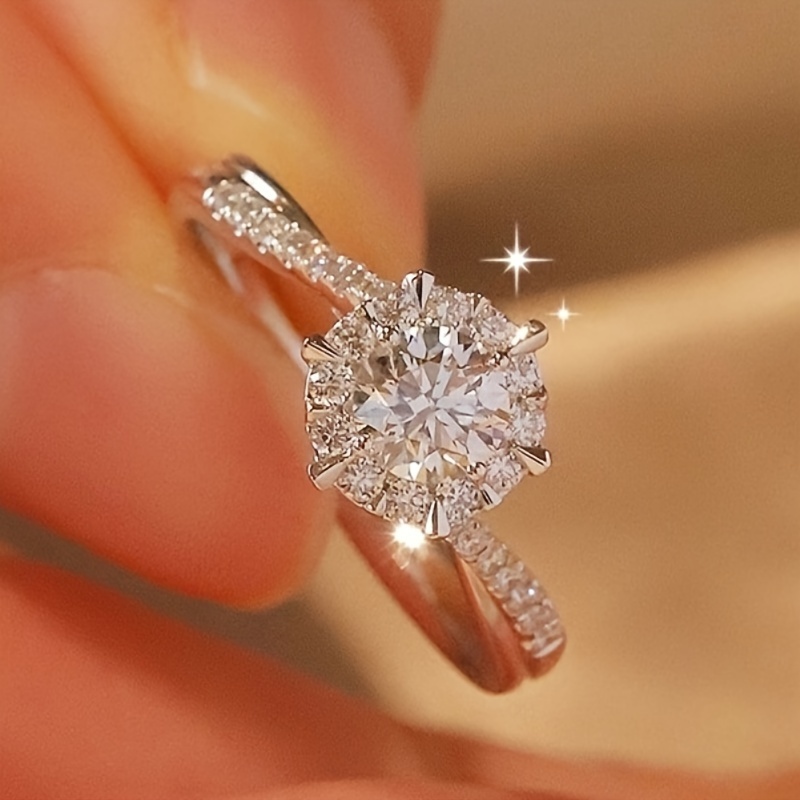 6 Prong Round CZ Women's Engagement Ring, Copper Base, April Birthstone