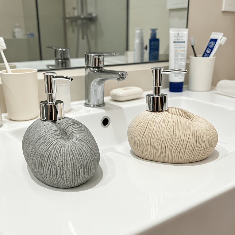 Wabi-Sabi Stone Shape Liquid Soap Dispenser, Ribbed Textured Refillable Lotion Pump Bottle, Decorative Hand Soap Dispenser for Bathroom Kitchen Countertop, Gray/Beige