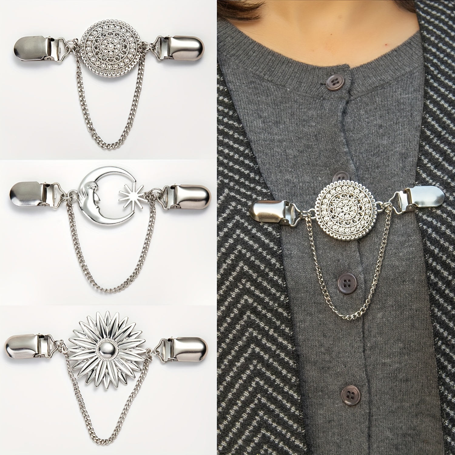 Image of Series European And Alloy Sweater Clip Scarf Cardigan Shirt Collar Clip Anti-exposure Tightening Clip Pair Connection Fixed Style Chain Style 2