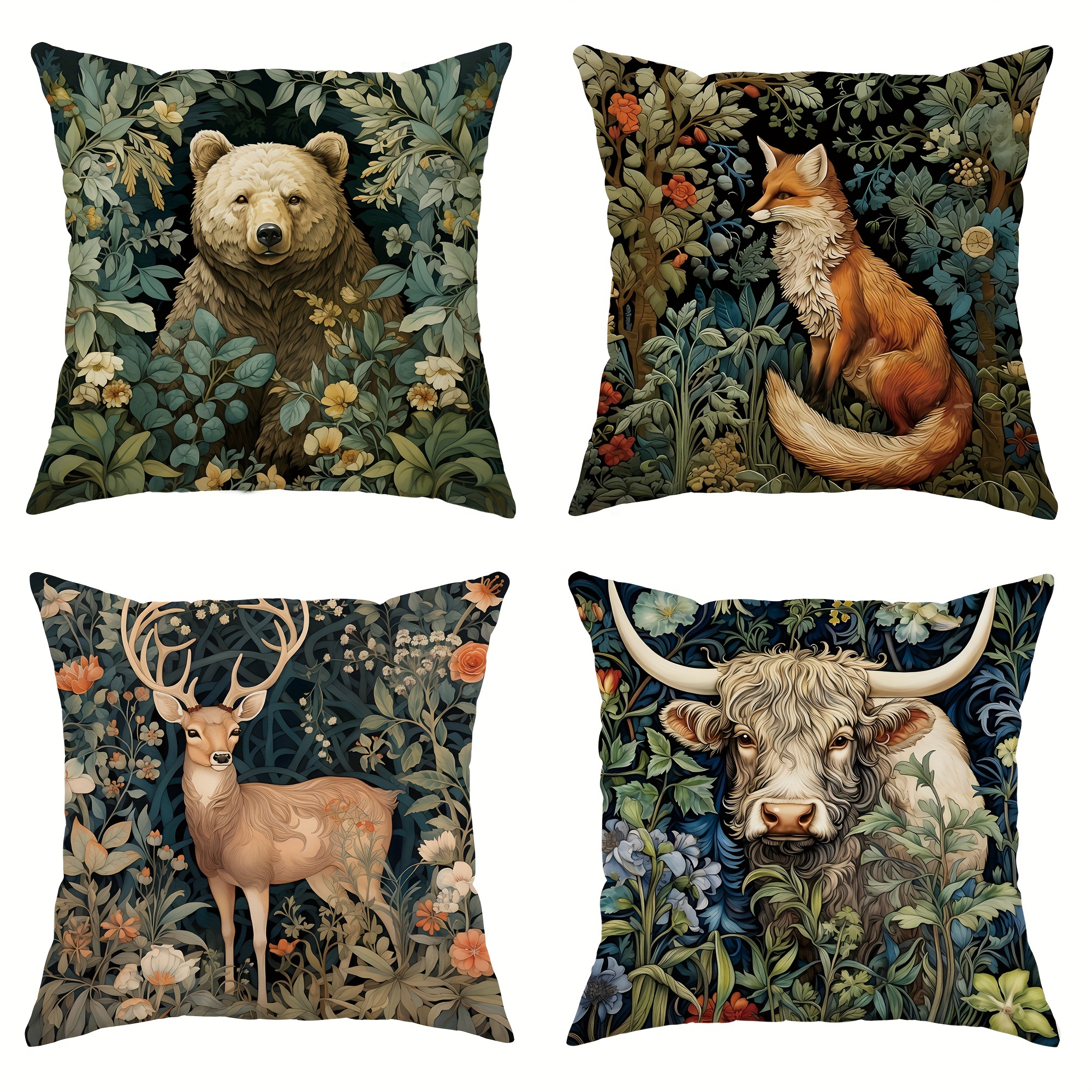 

4-piece Set Vintage Farmhouse Throw Pillow Covers - Highland Cow, Deer & Bear Designs In Dark Green Velvet, 18x18 Inches - Perfect For Living Room & Bedroom Decor