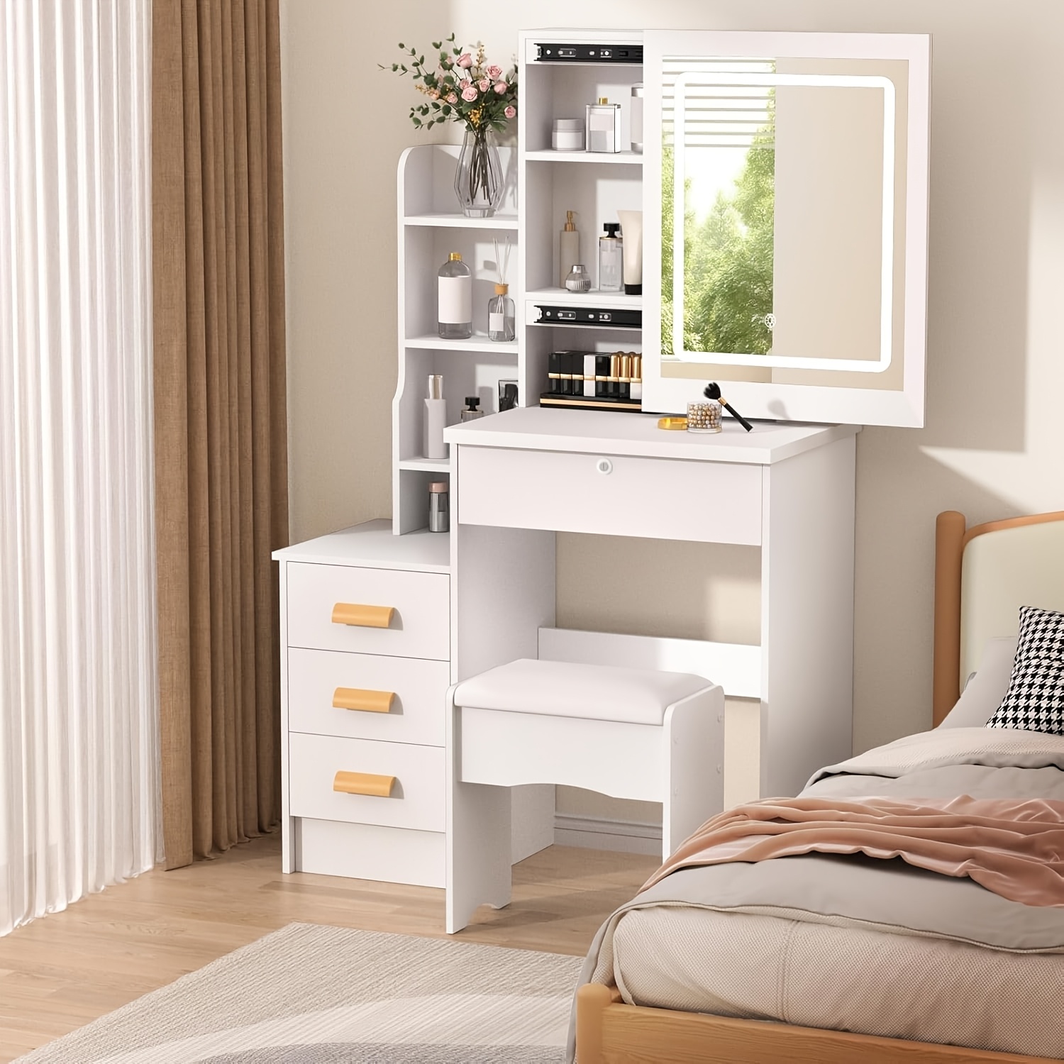 TEMU Vanity Desk With Sliding Lighted Mirror, Small Dressing Table Set With 3 Color Adjustable Lights Makeup Mirror Desk With 4 Drawers Shelves Girls