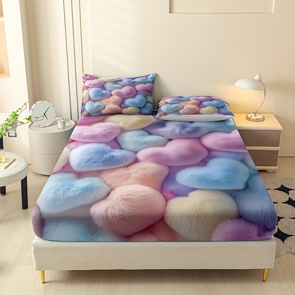 TEMU Parure de drap-housse 3 pièces, protège-matelas adorable avec impression numérique de cœurs en peluche 3D, literie respirante 100 % , lavable en