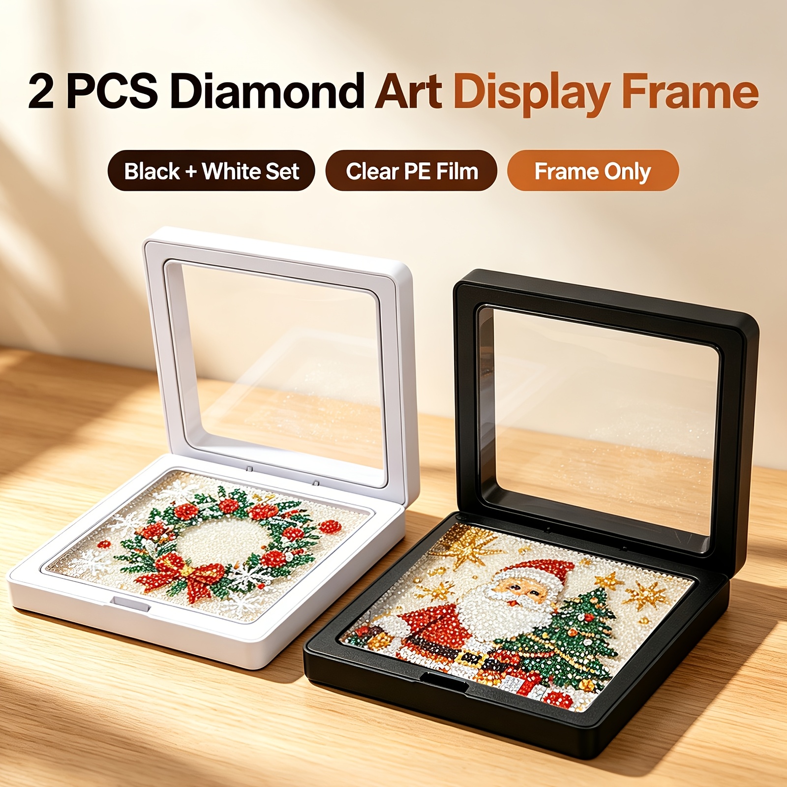 TEMU 2d Flat, 2d Flat, 2pcs Black And White Diamond Painting Display Set, Flip-, Dustproof, Fits 20x20cm, For Home Decor And Art Display, Great Gift