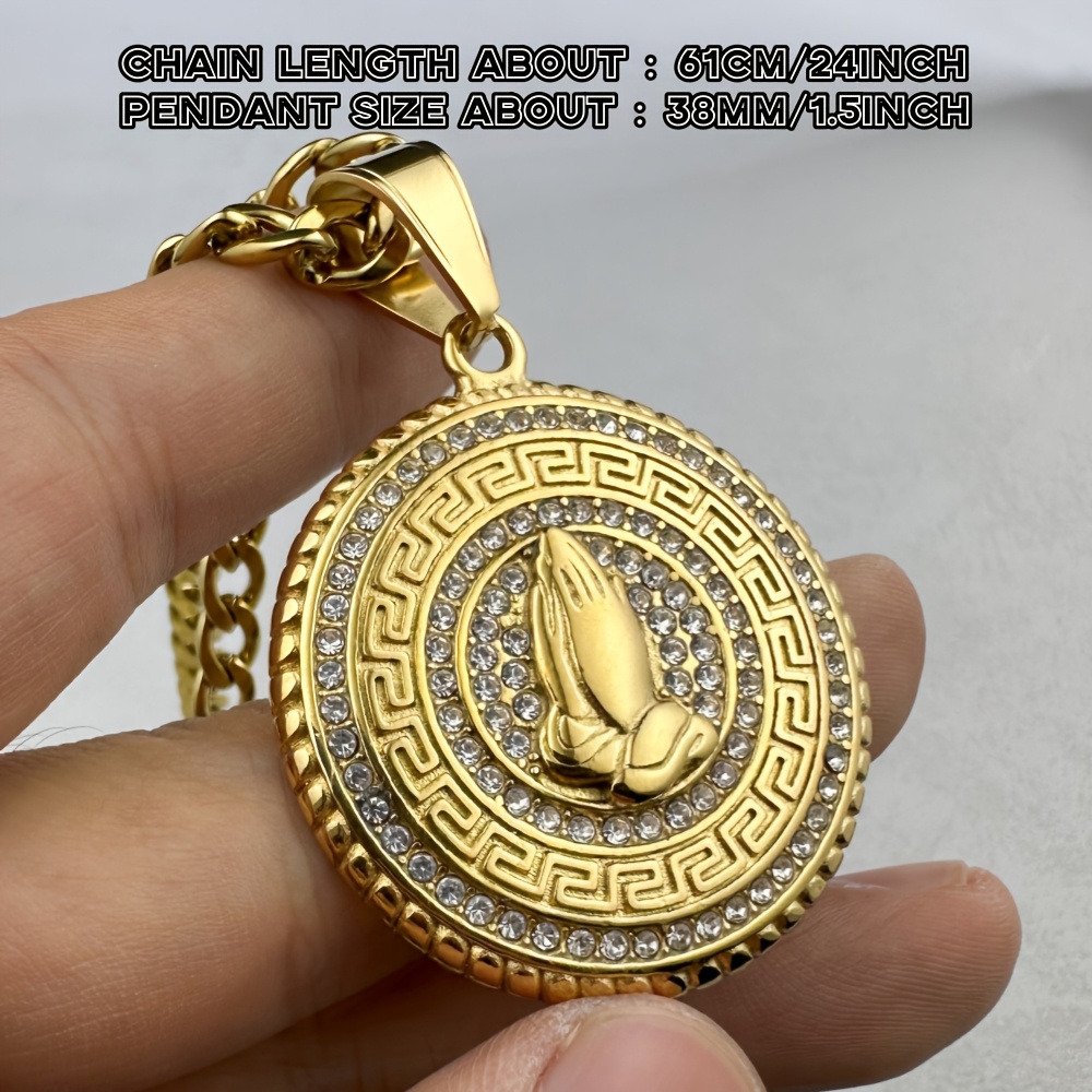 TEMU 1 316l 316l 316l 316l 316l Stainless Steel Hand Pendant - Golden Inlaid Round Cross Design, Unisex Religious Additions, Gifts For Teachers' Day,