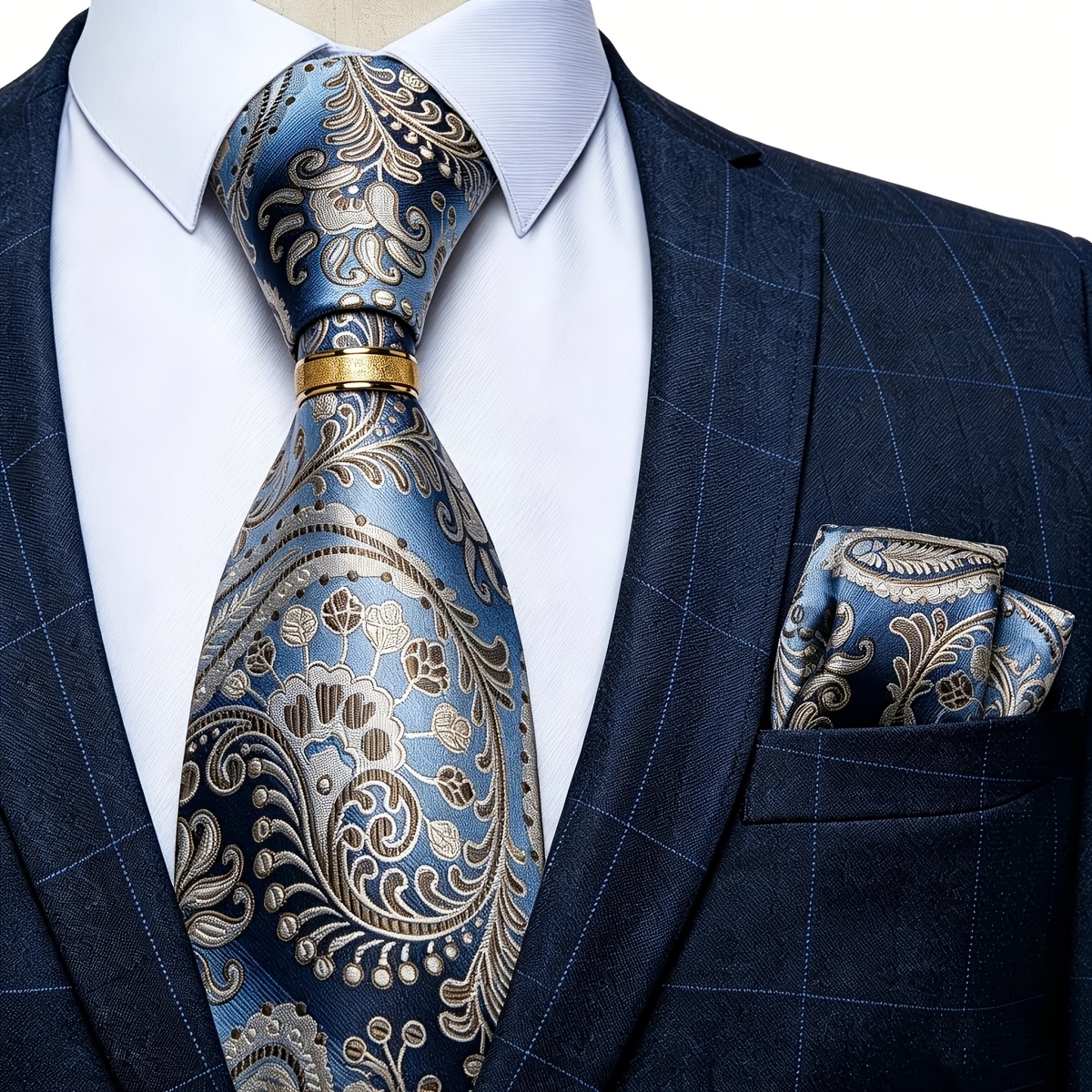 Men's Elegant Necktie & Pocket Square Kit With Tie Ring, Light Blue & Beige Paisley For Formal Events