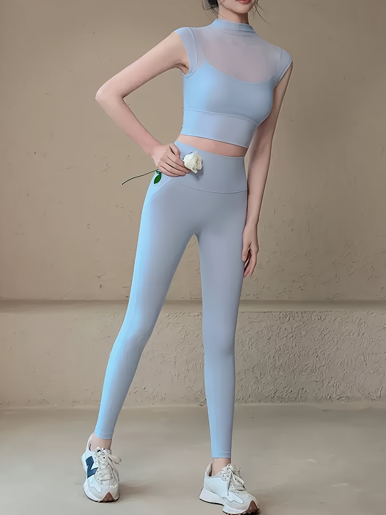 two piece set womens spring summer autumn mesh thin yoga tight top and leggings elegant outerwear fitness short sleeved pilates training outfit details 4