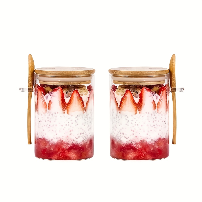 E-shop 1/2/3/4 Stück, 600ml Glasgrützschale mit Deckel Löffel, Frühstücks-Haferflockenschüssel, Runde luftdichte Aufbewahrungsbox für Haferbrei, Salat,
