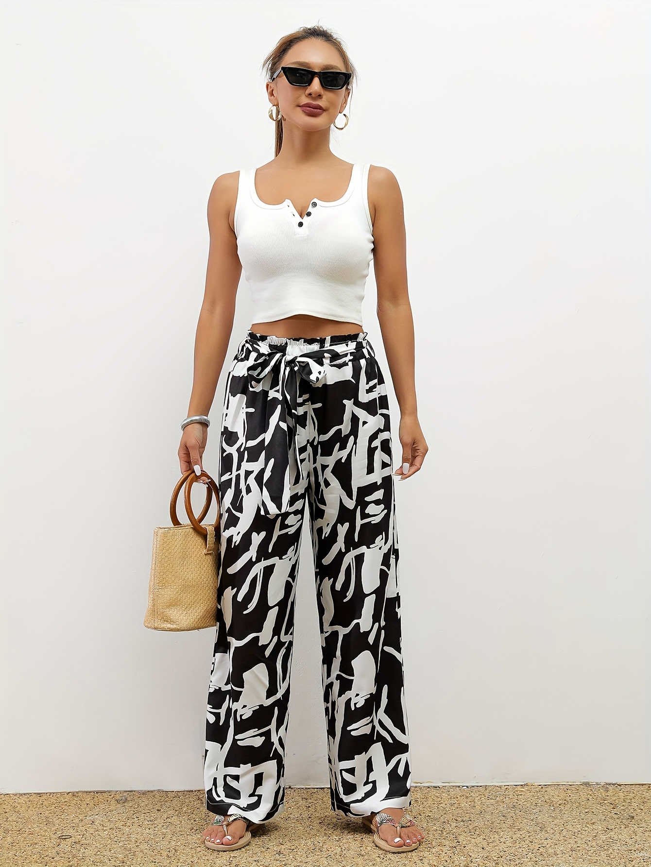 Random Floral Print Wide Leg Pants, Casual Loose Tie Waist Pants For Spring  & Summer, Women's Clothing