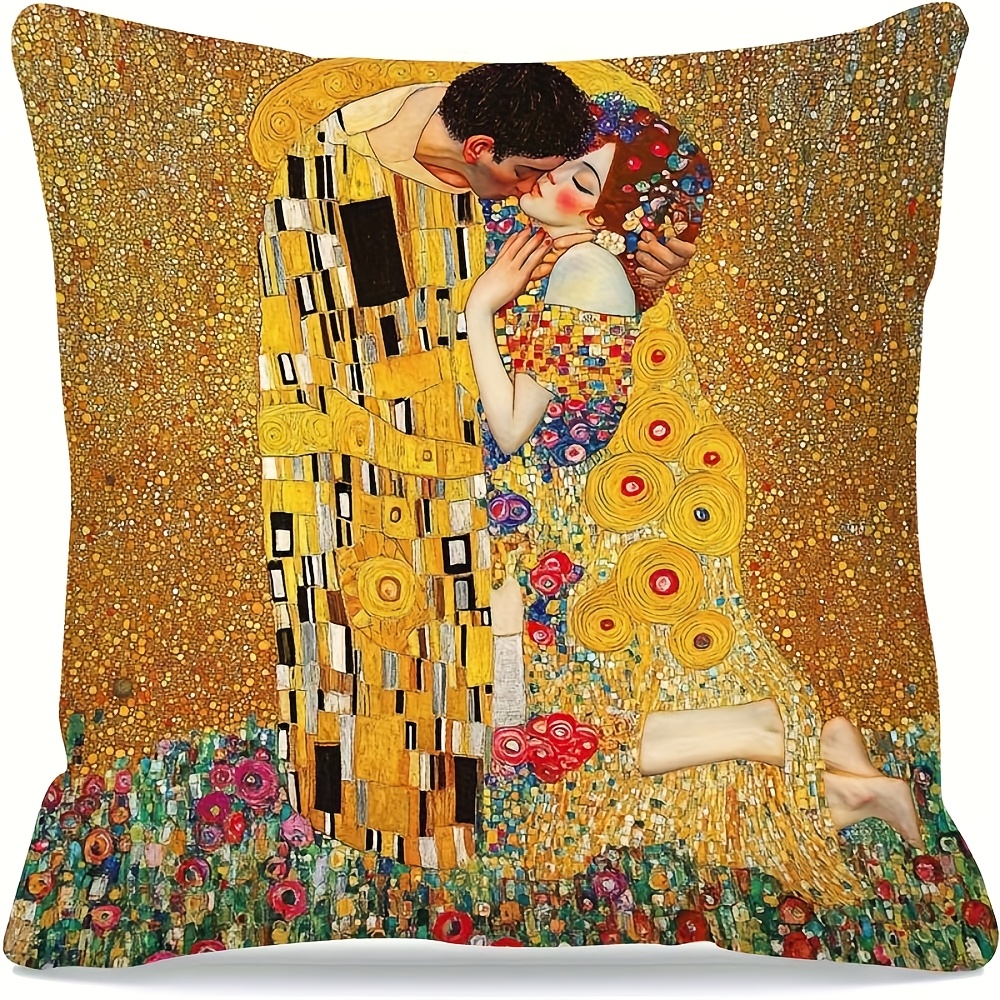 TEMU 1 pc Pièce de couette courte en peluche de style avec motif de peinture de Klimt "", 17,7 x 17,7 pouces, impression recto, convient pour coussin
